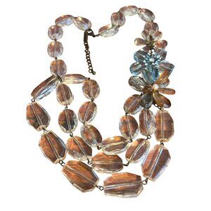 Vintage Clear & Blue Acrylic Beaded Necklace Flower Accents Estate Adj 28"